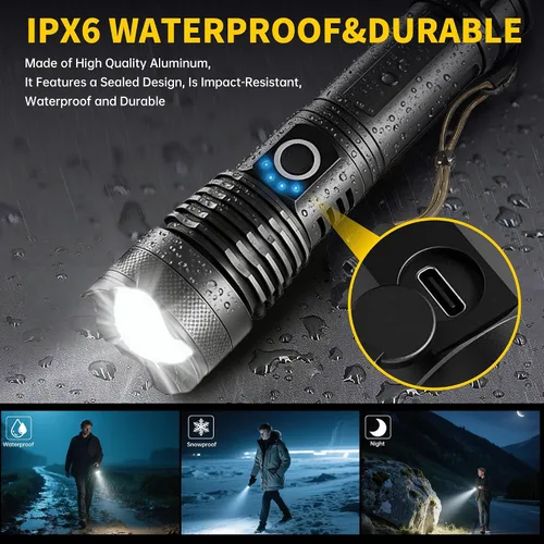 Miniatura 5 de Paquete de 4 linternas recargables de alto lúmenes, linterna LED súper brillante con 5 modos, linternas tácticas ajustables impermeables de alta