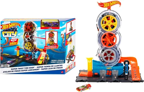Hot Wheels City Super Twist Tire Shop - Juego de tienda de neumáticos con giro de llave para hacer viajar los autos a través de los neumáticos,