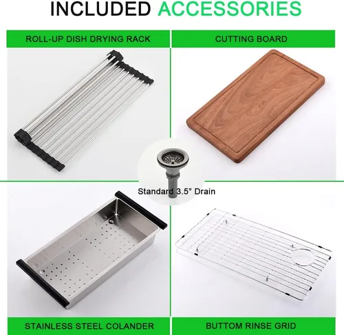 Miniatura 8 de Fregadero de cocina de montaje inferior, fregadero de cocina de acero inoxidable de 25 x 19 pulgadas, calibre 16, con estación de trabajo con tabla