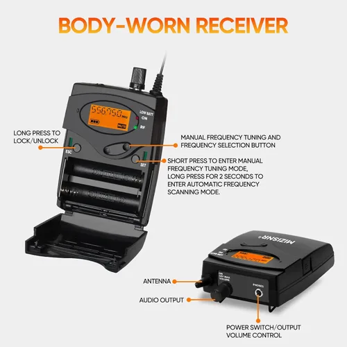 Miniatura 5 de Sistema de monitor inalámbrico en el oído, sistema IEM mono UHF Pro con transmisor de metal, 1 receptor de cuerpo con auriculares de monitor, 100