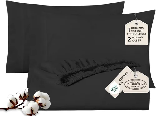 Royale Linens Sábana bajera con funda de almohada, sábana bajera individual con 1 funda de almohada, 300 hilos, 100% algodón orgánico, se adapta a
