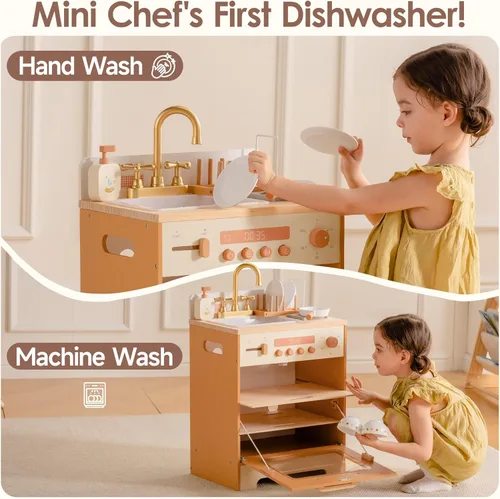 Miniatura 4 de ROBOTIME Fregadero Lavavajillas de Juguete de Madera – Juguete de Cocina de Imitación Color Caramelo con Grifo Dorado, Perillas Giratorias, Estante