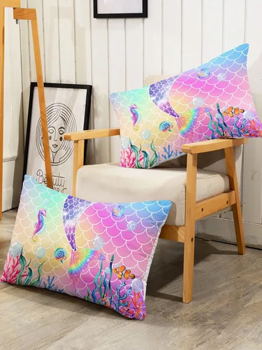 Miniatura 4 de Datura home Juego de sábanas de 4 piezas ajustadas y planas para niñas, cola de sirena rosa arcoíris impresa con 1 + 2 fundas de almohada