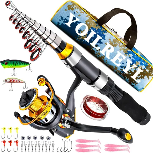 Yoilrey - Combo de caña de pescar y carrete – Kit de iniciación de caña de pescar telescópica de 5.9 pies con carrete giratorio, línea de pesca,