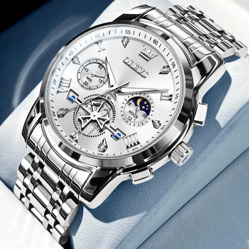 Miniatura 2 de OLEVS Relojes para hombre de plata, reloj de cronógrafo de acero inoxidable para hombre, reloj analógico de cuarzo de cara grande para hombre