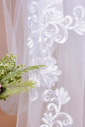 Miniatura 7 de MisShow Velos de boda de 2 niveles color blanco marfil con apliques de encaje y lentejuelas, longitud catedral, velo de novia + peine