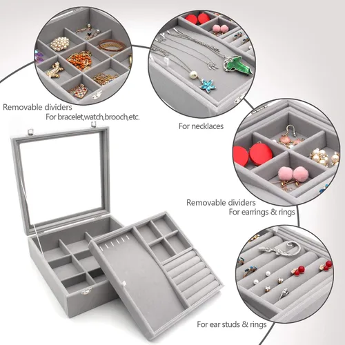 Miniatura 7 de KLOUD City Joyero con tapa de vidrio Caja de joyería de dos capas Organizador Display Storage Case (gris)