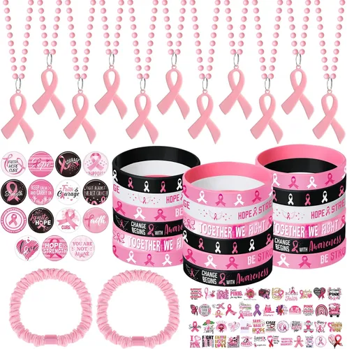 Equsion 170 pulseras de silicona para el cáncer de mama, regalos de concienciación sobre el cáncer de mama, collares de cinta rosa, insignias,