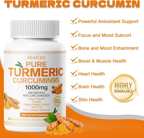 Miniatura 4 de Curcumina de cúrcuma 95 1000 mg, 95% complejo de curcuminoides con propóleo de abeja y bioperina, 120 cápsulas, suplemento de apoyo
