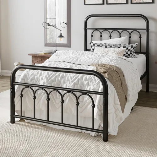 Miniatura 3 de Allewie Marco de cama de plataforma de metal tamaño individual de 14 pulgadas con cabecero/pie de cama curvado de hierro forjado estilo victoriano