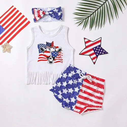 Miniatura 7 de Traje de verano para niñas, para el 4 de julio, para bebé, Día de la Independencia, estampado de cabeza de vaca (blanco, 18-24 meses)