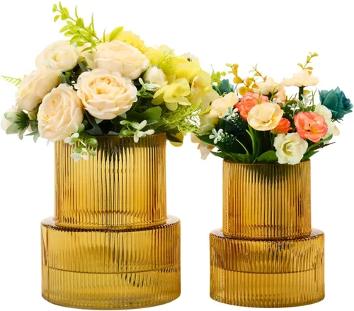Miniatura 44 de Jarrón redondo de cristal, floreros para ramo, jarrones de vidrio acanalado para flores, pequeño jarrón transparente para sala de estar, oficina