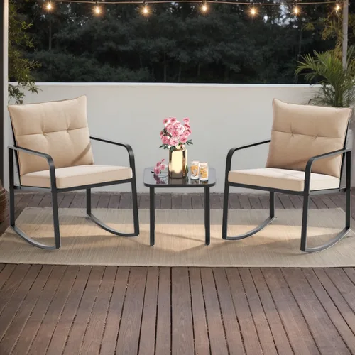 Miniatura 7 de Gizoon, Juego de 3 piezas de sillas mecedoras estilo bistró, muebles de patio de acero negro, juego de sillas para el porche con mesa de café