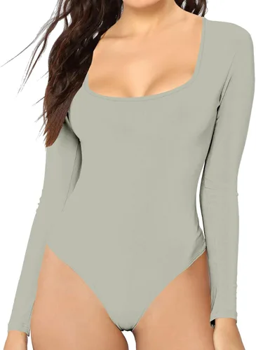 Miniatura 71 de MANGDIUP Body esencial para mujer, cuello redondo, manga larga, ajustado, elástico, de algodón y elastano