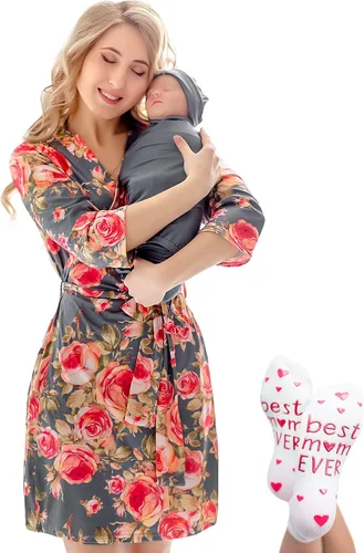 Miniatura 27 de ECO BABY - Conjunto de bata y manta para mamá y yo Bata de maternidad y conjunto de bebé a juego para niña, niño Parto hospitalario y parto
