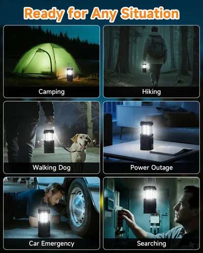 Miniatura 6 de Paquete de 4 faroles solares para campamento, linterna LED recargable con linterna, USB-C y funciona con energía solar, luces de emergencia