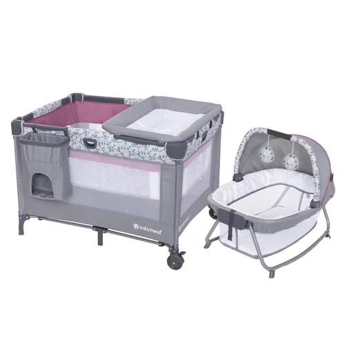 Baby Trend Centro de Guardería con Cuna con Balanceo, Cápsula de Sueño, Cambiador con Volteado, Rosa Daisy