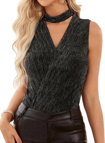 GRACE KARIN Camisetas sin mangas con lentejuelas brillantes para mujer, cuello en V, adelgazante, con purpurina, camisetas de fiesta de discoteca