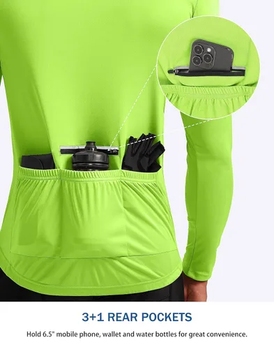 Miniatura 3 de Bikewa Maillot de ciclismo para hombre con 3+1 bolsillos traseros con cremallera, manga larga, absorción de humedad, UPF 50+ media cremallera
