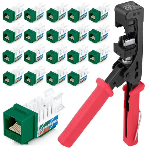 Miniatura 10 de Everest easyJACK - Juego de herramienta Keystone con ángulo de 45° para terminación rápida - con paquete de 20 conectores Keystone RJ45 Cat6 en rojo