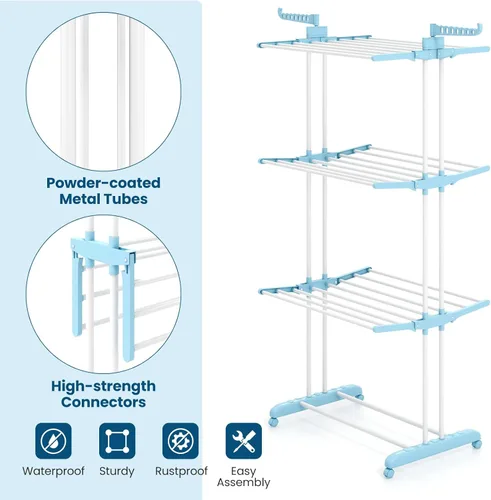 Miniatura 9 de Giantex Estante de secado de ropa plegable, estante plegable de gran tamaño de 4 niveles con 3 bandejas retráctiles, soportes para perchas, soporte