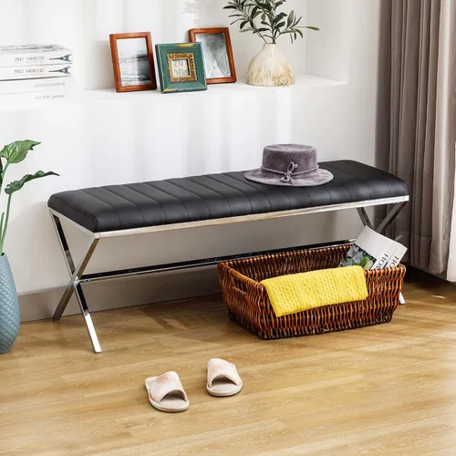 DUHOME Banco de entrada moderno tapizado de piel sintética, banco de tocador con patas en X de metal, banco de dormitorio copetudo para sala de
