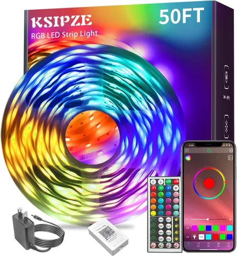 KSIPZE Luces LED para dormitorio, tira de luces LED de 50 pies con control remoto RGB que cambia de color, sincronización de música, control
