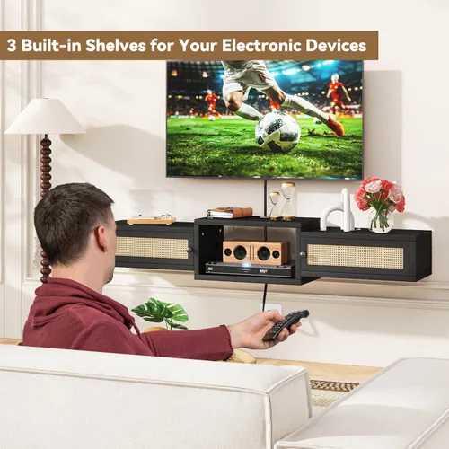 Miniatura 2 de IBUYKE Soporte flotante moderno de ratán para TV con puertas, estante de TV montado en la pared para televisores de hasta 55 pulgadas, consola