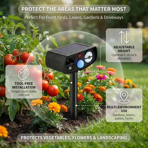 Miniatura 6 de Repelente ultrasónico de animales, sensor de movimiento alimentado por energía solar, disuasorio de animales al aire libre con luz estroboscópica