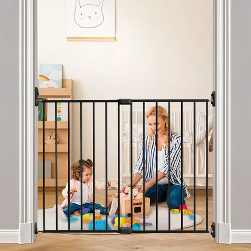 Puerta abatible ajustable de seguridad para bebés, puerta de metal montada en hardware para escaleras y puertas, pestillo seguro para niños y Negro