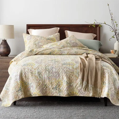 ENASAL - Juego de colcha de algodón, juego de cubrecama reversible Comforter, colcha con estampado floral de cachemira (Amarillo, tamaño King)