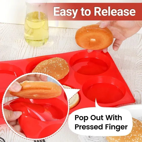 Miniatura 5 de CAKETIME Molde para Magdalenas Jumbo, Moldes de Huevo de Silicona para Sándwiches de Desayuno 4 Pulgadas de Gran Tamaño para Horno, Magdalenas Rojo