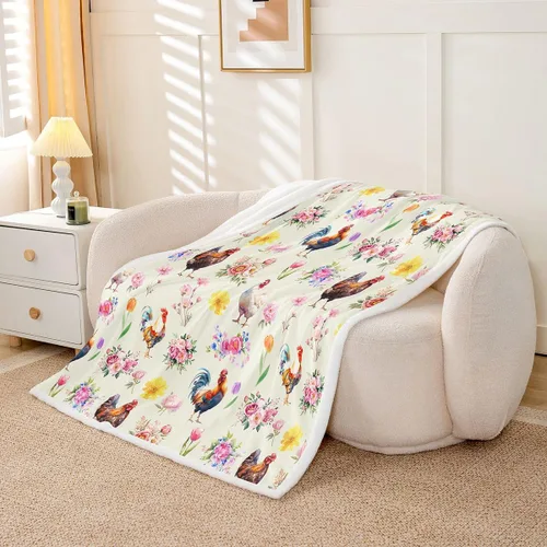 Erosebridal Rooster Fleece Throw Blanket 40"x50" for Bedroom Living Rooms Sofa Couch,Chicken Farmhouse Sherpa Blanket,Wildflower Fuzzy Plush