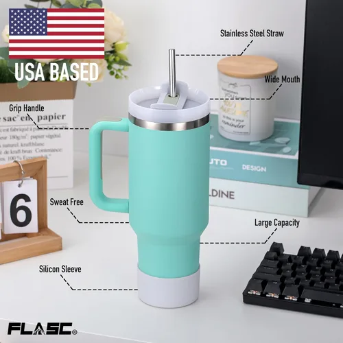 Miniatura 4 de FLASC Vaso de 40 onzas con asa y popote Vaso aislado 100% a prueba de fugas con tapa y pajilla, incluye todos los accesorios: popote de acero