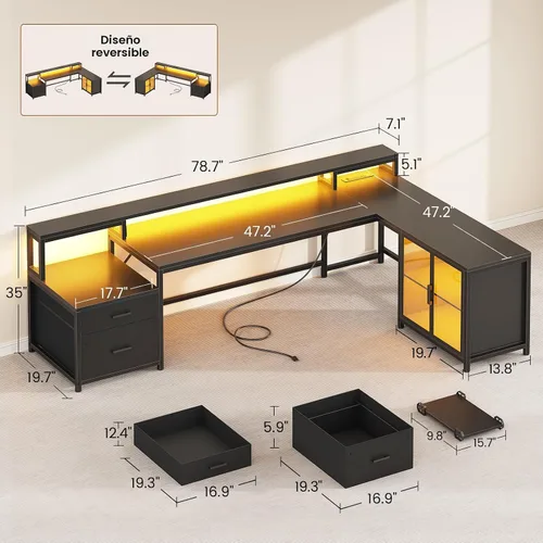Miniatura 2 de SEDETA Escritorio para juegos en forma de L, escritorio grande para computadora de 78.7 pulgadas con cajones, toma de corriente y luz LED, Negro