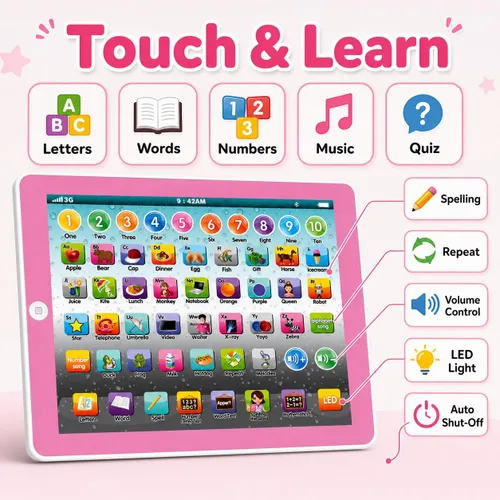 Miniatura 3 de Wenbeier - Tableta para niños, almohadilla de aprendizaje, tableta para niños pequeños con canción de palabras ABC, música, números, juguete Rosa