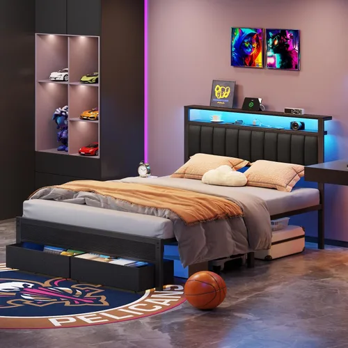 Miniatura 4 de Furnulem Base de cama Queen con estación de carga y luces LED, cabecera tapizada gris con estantes, cama de plataforma de metal con 2 almacenamiento
