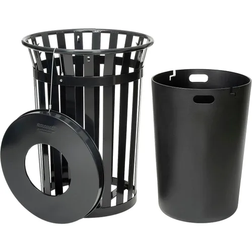 Miniatura 2 de Global Industrial Bote de basura redondo de acero con listones para exteriores de 36 galones con tapa plana, forro de plástico y kit de anclaje Negro