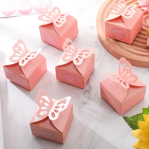 Miniatura 4 de Fulmoon 100 cajas de regalo de mariposa para baby shower, cajas de regalo de mariposa rosa, caramelo rosa, regalo de baby shower con 100 etiquetas