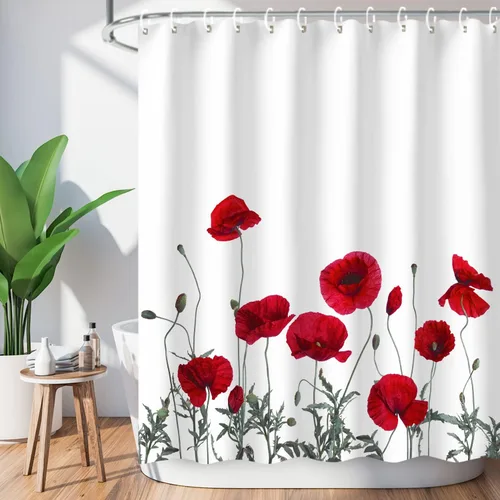 LIVILAN Cortina de ducha de amapola roja para baño, cortina de ducha floral de tela de flores rojas, juego de decoración del hogar con ganchos, Poppy