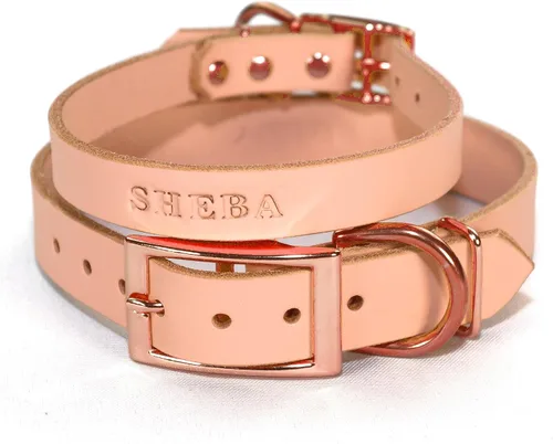 Miniatura 6 de Collar de cuero personalizado hecho a mano para perro con bridón grabado con el nombre de la mascota, herrajes en tono cobre/oro rosa (negro)