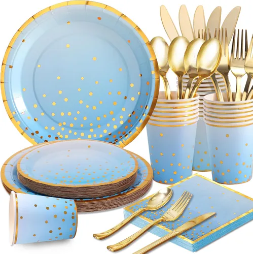175 platos azules y servilletas suministros para fiesta, platos de papel azul, platos de cumpleaños azules para 25, platos de fiesta azules para