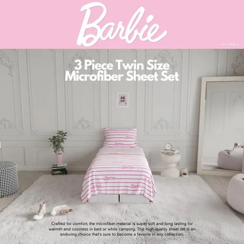 Miniatura 3 de Franco - Juego de sábanas tamaño individual de 3 piezas de Barbie Logo, muy suave y acogedor, de microfibra, (producto oficialmente licenciado) por