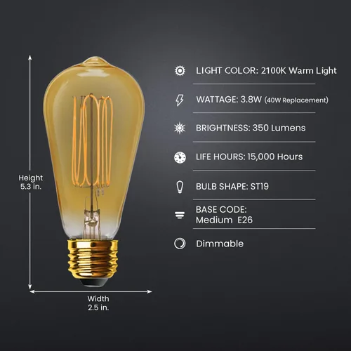 Miniatura 2 de Feit Electric ST19 Bombilla LED Edison vintage, equivalente a 40 W, regulable, luz cálida 2100, base E26, bombillas de iluminación de filamento fino