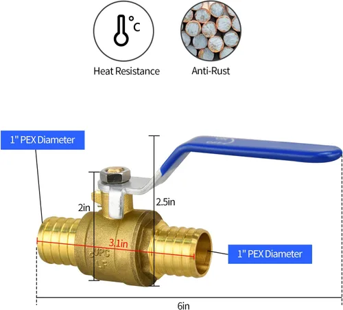 Miniatura 2 de Válvulas de bola PEX de 1", válvula de cierre de puerto completo de latón PEX, cierre de parada de agua de puerto completo, válvula de cierre de agua