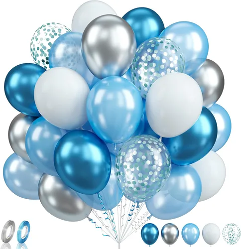 Miniatura 28 de Globos de graduación azules y dorados, 60 globos impresos con texto en inglés "Felicitaciones", 12 pulgadas, azul marino, blanco, azul, metálico