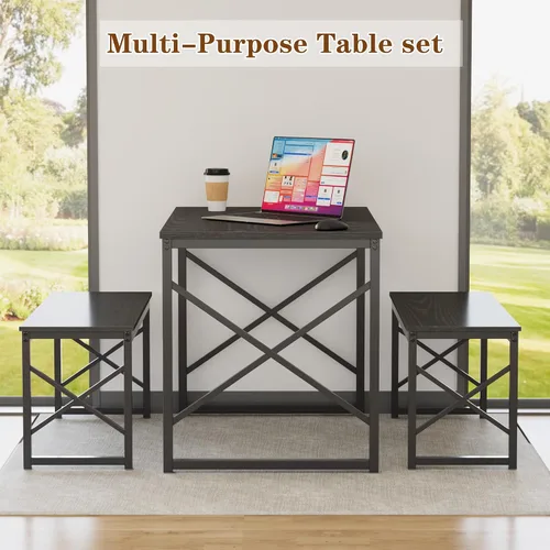 Miniatura 6 de VECELO Juego de mesa de comedor de cocina de 43.3 pulgadas para 4, marco de acero resistente y mesa de grano de madera, juegos de comedor que