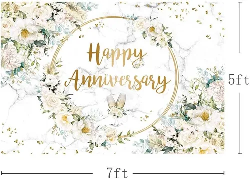 Miniatura 3 de MEHOFOND Telón de fondo de feliz aniversario de 7 x 5 pies con diseño floral blanco para fotografía de aniversario de boda, fondo geométrico