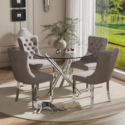 Miniatura 46 de Juego pequeño de mesa redonda con tapa de vidrio transparente para 2, 36'' Juego moderno de lujo para cenas circulares, 3 piezas Juego minimalista