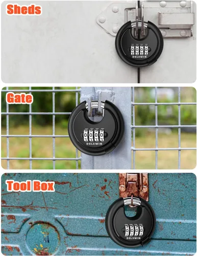 Miniatura 7 de DELSWIN Cerradura de combinación de disco de 4 dígitos para exteriores, candados de combinación resistentes con grillete de acero endurecido Negro 2